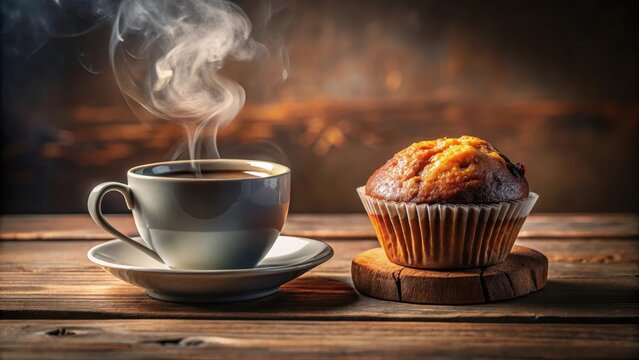 A cup of steaming coffee and a delicious muffin on a table
