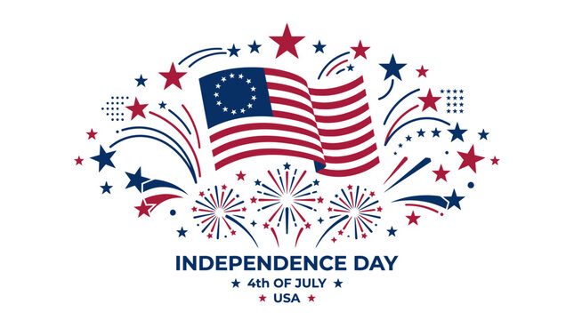 Independence Day Betsy Ross thirteen stars flag with celebratory fireworks.