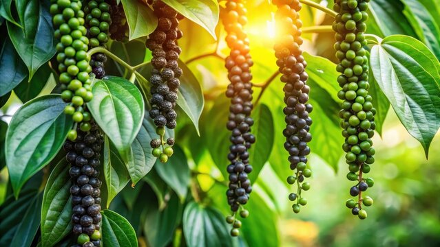 Black pepper fruits hanging from a tree in a lush garden