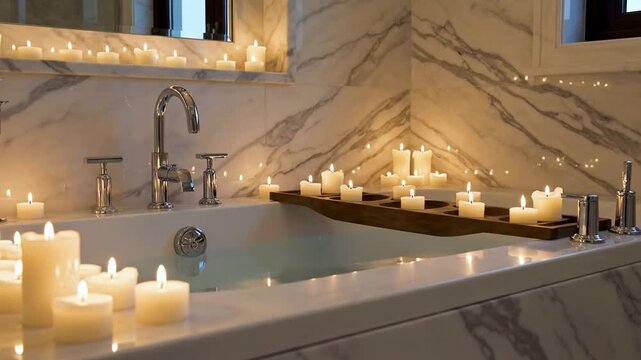 Lit candles on bathtub and counter in bathroom relaxing atmosphere