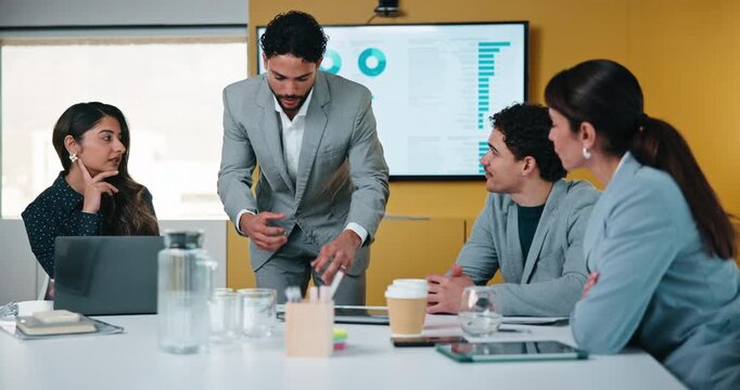 Meeting, conversation and business people in office with data analysis, plan and income growth idea. Team, writing and discussion in agency with graphs, statistics and strategy for revenue increase.