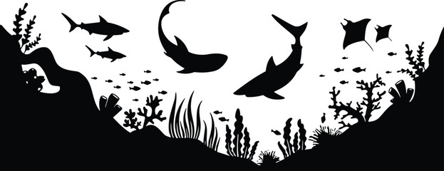 Underwater marine life silhouettes, shark and manta ray vector art, coral reef illustration, ocean design icons, black graphic aquatic artwork © MDMAHOMUDUL