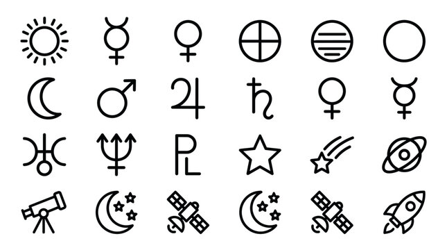 Collection of Astronomical and Space Exploration Icons Representing Celestial Bodies and Scientific Instruments