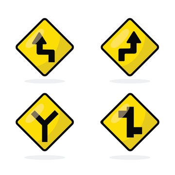 Vector traffic warning signs set featuring winding road and junction symbols