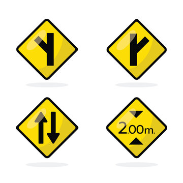 Cute cartoon traffic signs icon set for skewed junctions, height limit  and two-way roads