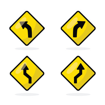 Yellow road signs collection for curve and zigzag arrows vector