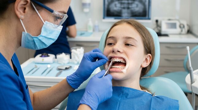 Professional orthodontist attaching metal braces to patient teeth in clean dental office, healthcare image representing correction and treatment