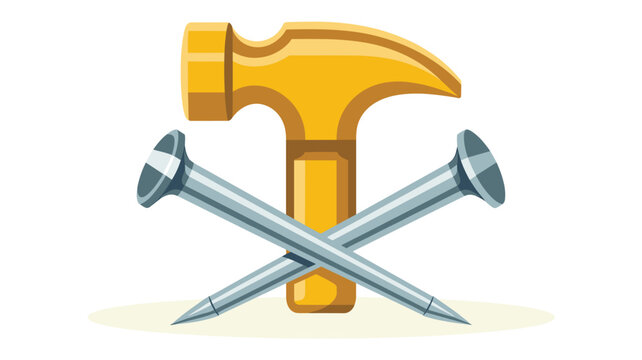 A prominent yellow hammer is positioned behind two crossed metallic nails with sharp points in a clean flat graphic illustration on a white background.