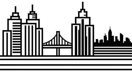 Obraz premium Modern black and white line art city skyline illustration featuring skyscrapers, urban architecture, and a suspension bridge silhouette.