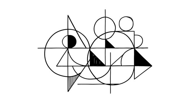 Modern geometric abstract art illustration. Black and white composition of intersecting circles, triangles, and lines.
