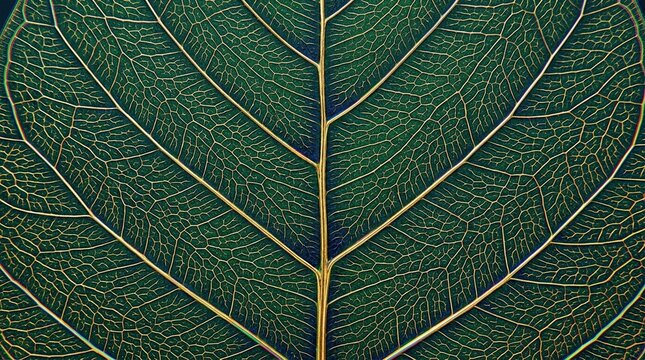 Macro photograph of a dark green leaf vein structure with golden yellow accents