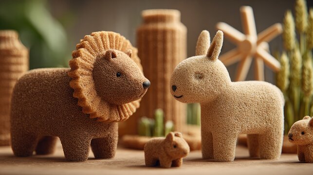 Edible animal figures with varied textures are arranged on a wooden surface for a sweet composition.