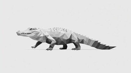 Monochromatic low polygon reptile figure walking across a plain background