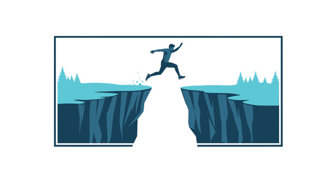 Man jumping over a deep chasm between cliffs, symbolizing courage, risk, and overcoming challenges.