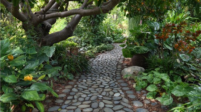 Lush, verdant garden pathway crafted from smooth river stones winds beneath dense foliage.