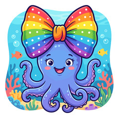 Fototapeta premium Cute octopus with rainbow bow underwater illustration
