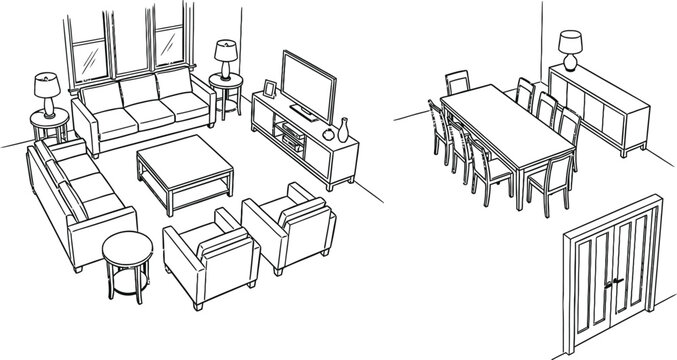 Isometric living and dining room interior vector furniture layout with sofa table and chairs