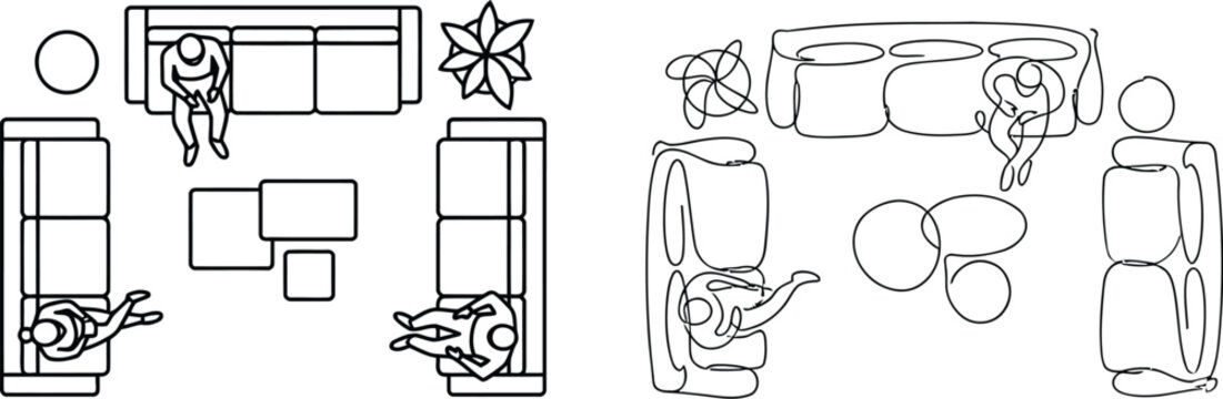 Living room top view furniture icon set with continuous line and outline vector
