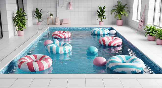 Indoor Swimming Pool Filled with Inflatable Rings and Balls.