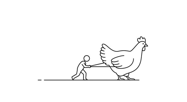 Man pulling a giant chicken on a leash, surreal concept, farm animal, unusual pet, vector illustration