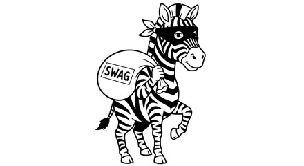 Fototapeta premium Funny Zebra Bandit Carrying Swag Bag, Cartoon Style