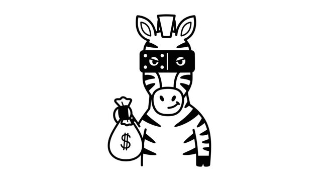 Funny Zebra Bandit Holding Money Bag, Cartoon Character, Banditry Concept