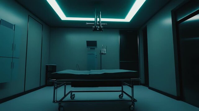Empty morgue room featuring an examination table, medical equipment, and cool blue lighting, conveying a sterile and somber atmosphere associated with death and post mortem procedures