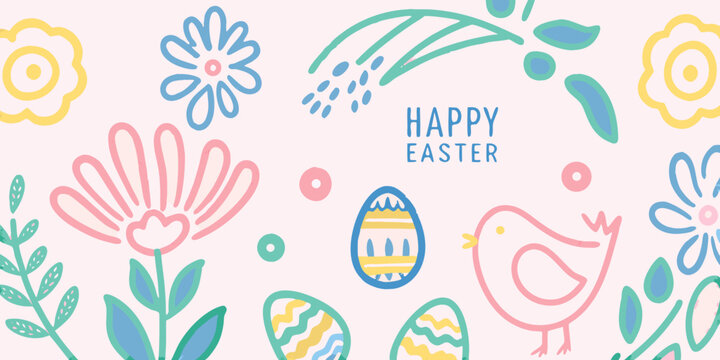 pastel easter illustration with flowers eggs and a bird on a light pink background