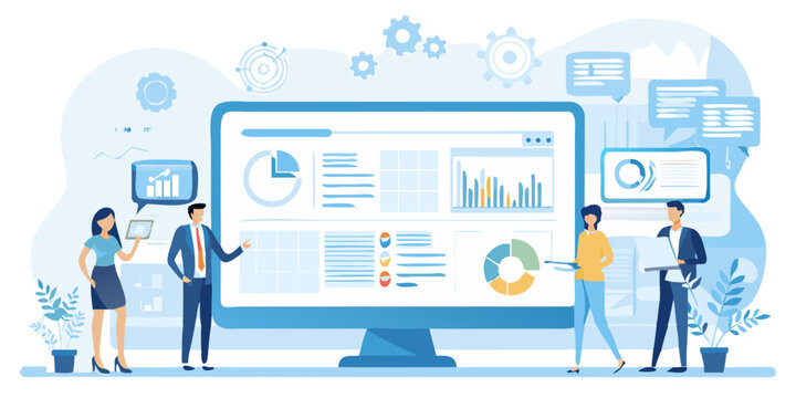 Diverse professionals collaborating around a large computer screen with data analysis charts