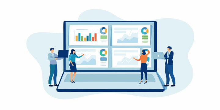 Diverse professionals collaborating around a large computer screen displaying data analysis