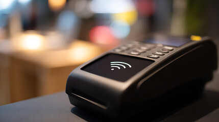 Obraz premium Modern electronic payment terminal with contactless symbol displayed, ready for secure financial transactions in a store, restaurant, or business setting