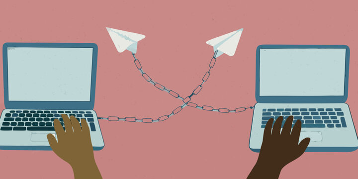 Two laptops connected by paper airplanes and chains with diverse hands typing on keyboards
