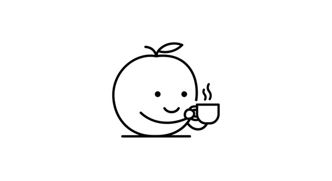 Cute orange character holding a steaming coffee cup, simple line art, minimalist design
