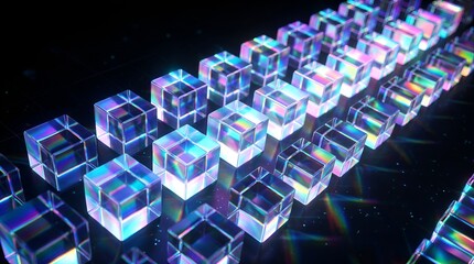 Obraz premium Abstract Crystal Cubes Array with Rainbow Refraction, Futuristic Geometric Background