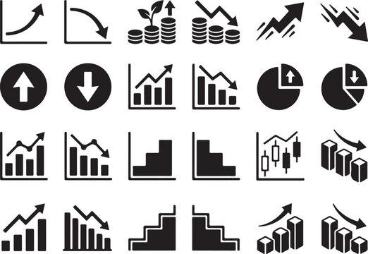 Business growth and financial decline icons set showing data trends with arrows charts and bar graphs.