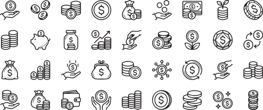 Collection of finance and investment line icons showing money coins piggy bank wallet wealth growth.