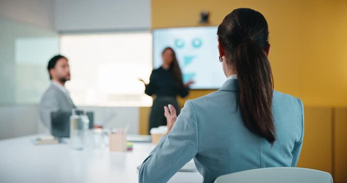 Meeting, presentation and question with back of businesswoman in office for finance idea or opinion. Discussion, hand raised and financial manager with feedback on revenue statistics in workplace