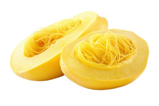 Freshly Sliced Yellow Spaghetti Squash Halves on Black Background vegetable halved, Isolated, Png Transparent Background