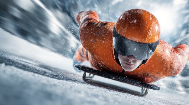 A young adult Caucasian man with fair skin races down an icy track on a skeleton sled wearing an orange suit and helmet during a fast competition.