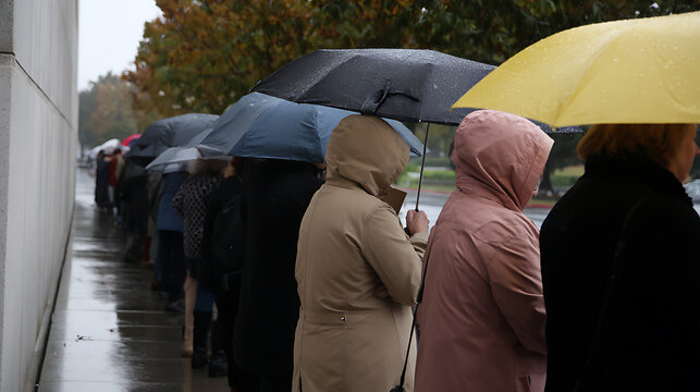 People Line Up Outdoors in Rain with Umbrellas, Side View of Individuals Dressed in Coats Waiting Patiently Under Overcast Sky