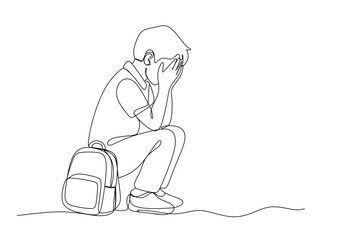 continuous single line drawing of sad boy with schoolbag sitting on floor covering his face  line art vector illustration