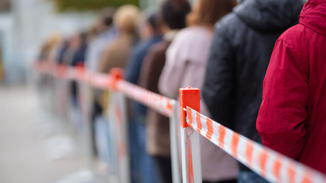 People back view queue up outdoors, safety barrier tapes with red and white diagonal stripes secure the waiting line, blurred background day time