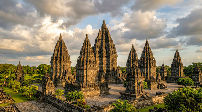 Majestic tall stone spires of ancient Prambanan Hindu temple at golden hour