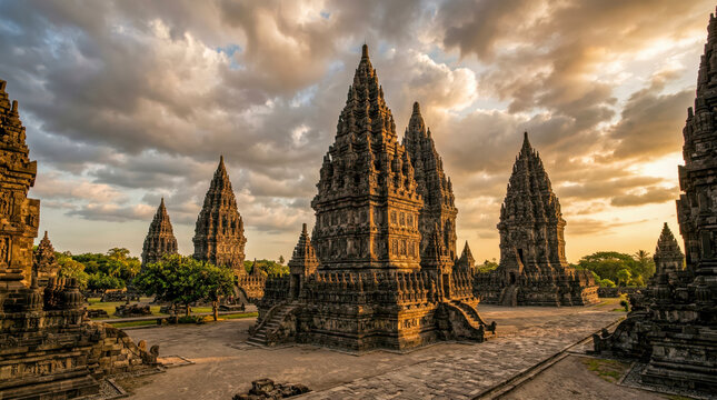 Majestic tall stone spires of ancient Prambanan Hindu temple at golden hour