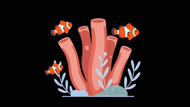 2D animation of orange clownfish and anemonefish swimming near coral on black background