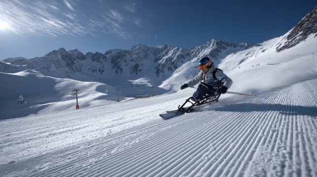 Sit-skiing down a snowy mountain slope, a young adult Caucasian man with fair skin wears a blue helmet, goggles, and a grey winter jacket.