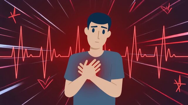 Animation of a Man Experiencing Chest Pain or Heart Attack with ECG Line Background