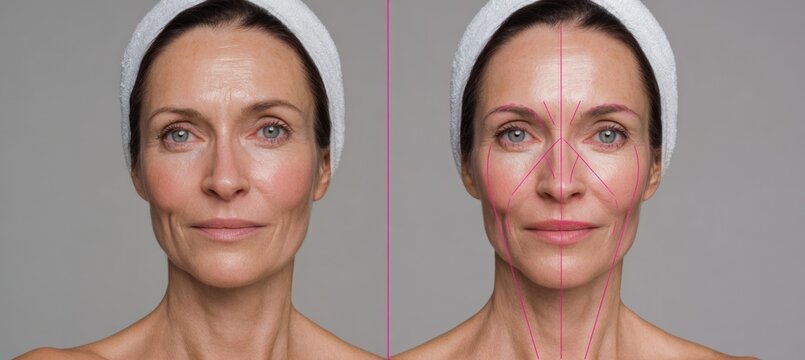 A middle-aged Caucasian woman with fair skin is shown in a split-screen portrait. The image illustrates facial plastic surgery planning with pink lines.