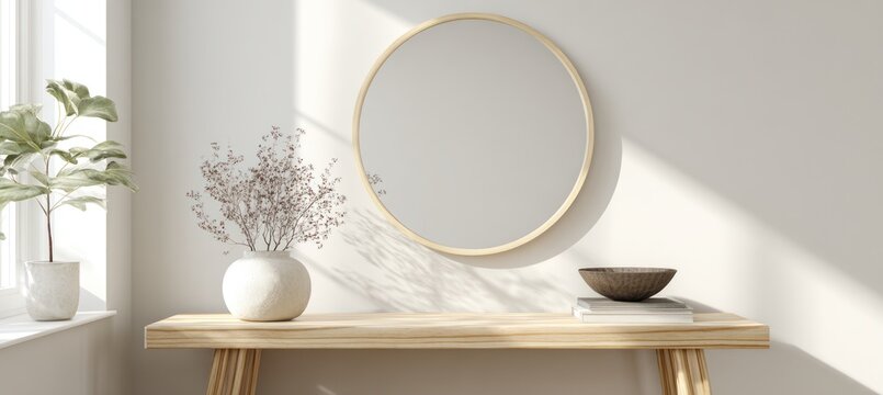 A round mirror hangs on a minimalist beige wall above a wooden console table. The scene includes a white ceramic vase with dried flowers and books.