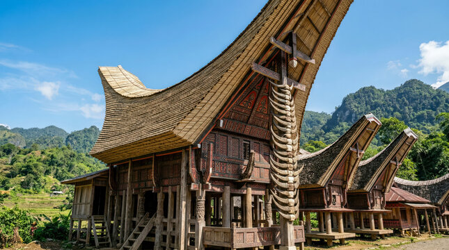 Traditional Tongkonan houses with curved boat shaped roofs and buffalo horns